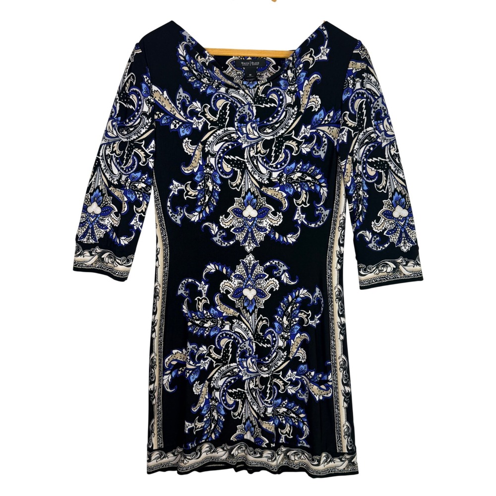 White House Black Market Blue‎ Paisley Matte Jersey 3/4 Sleeve Sheath Dress M